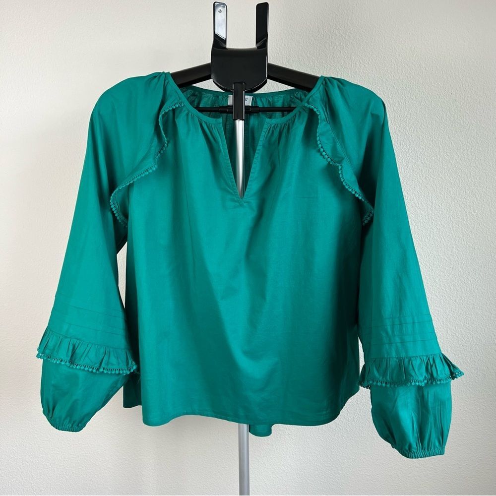 J.Crew Emerald Green Cotton Ruffle Blouse Peasant Top Size Large Petite Boho
